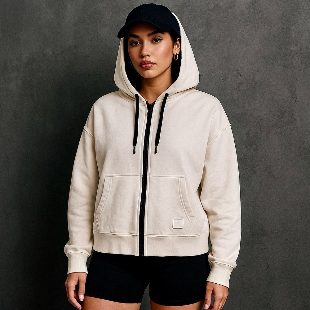 Love & Sports Oversized White Fleece Zip Hoodie Athletic Streetwear Size L